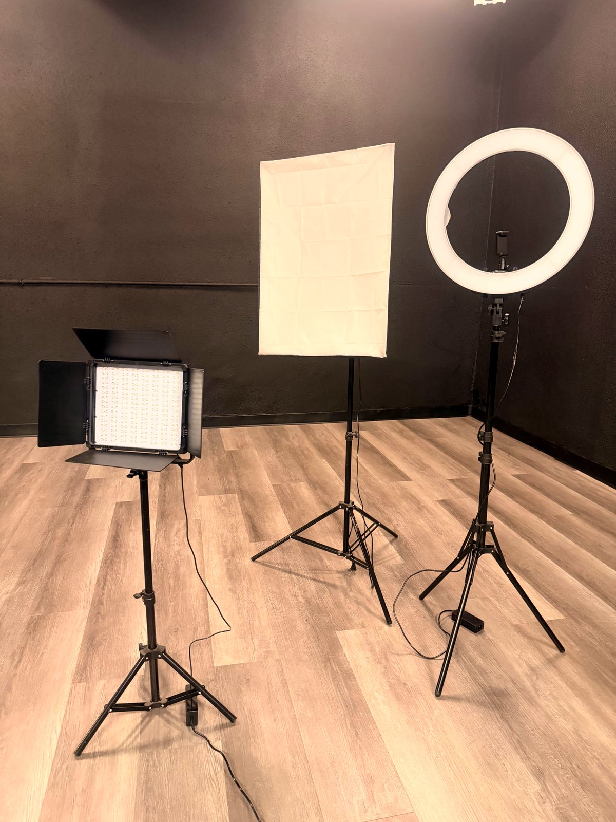 LED panel, softbox and ring light