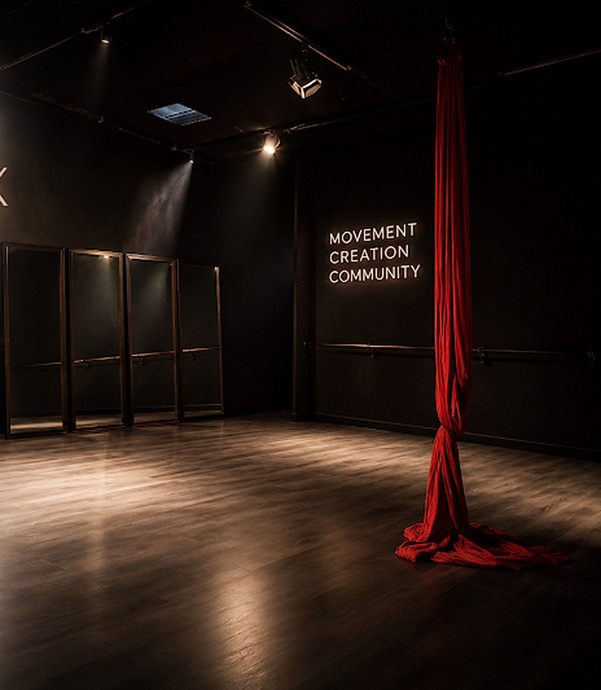 The YUX Studio black box — mirrors, aerial silk and neon